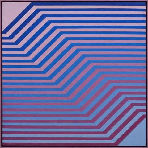 Painting of a series of angled lines in a gradient of blue to mauve over a gradient background of blue to pale purple