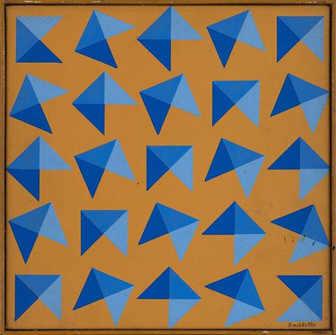 Painting of a series of blue triple-triangle formations arranged in a grid, each turning a slightly different direction over a mustard yellow background
