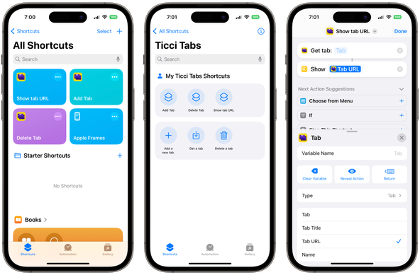 Three iPhones showing different views from the shortcuts app. My simple browser app Ticci Tabs gets support for shortcuts actions. You can add a site to the app, delete one, or see site details with shortcuts. 