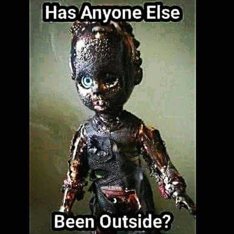Photo of a badly burned doll. Caption reads 