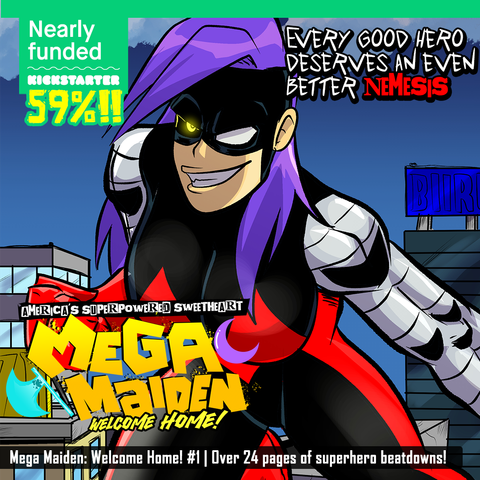Picture of the villain Nega Maiden. It is announcing that we're 59% funded on Kickstarter