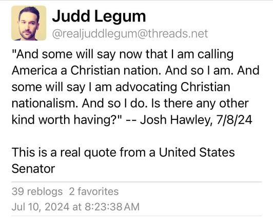 Screenshot of a Threads post from Judd Legum (@juddlegum). The text includes a quote attributed to Senator Josh Hawley from 7/8/24:

