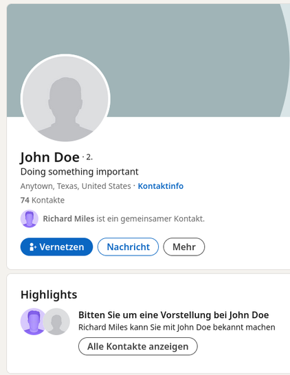 LinkedIn offering to ask Richard Miles to introduce you to John Doe while showing both the avatar of John Doe, whose profile we are on, and the avatar of Richard Miles, who might help us introduce us to the contact on whose profile we currently are side by side
