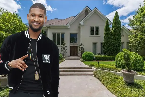 Usher superimposed over the mansion he bought at the start of his career, then later sold