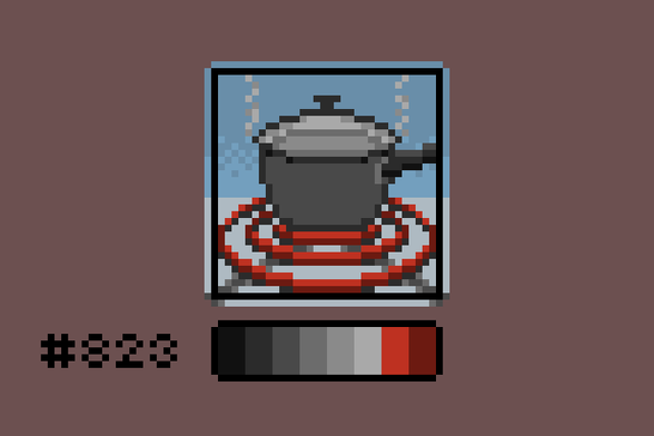 Pixel art of a gray saucepan with a glass lid, sitting on a red-hot electric stove coil. Little bits of steam escape from the sides of the lid.