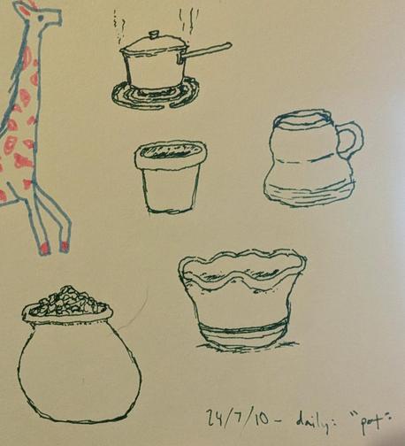 Sketches of pots, and a partial giraffe
