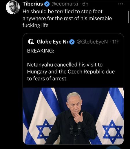 X post informing Netanyahu canceled his trips to Hungary and Chech Republic due to fears of arrest