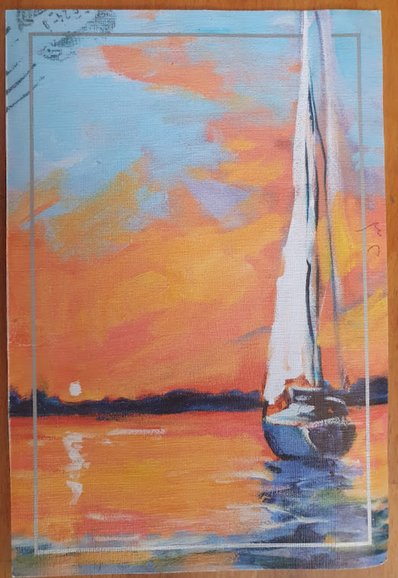 An oil or pastel painting of a sailboat over a lake during sunset. 