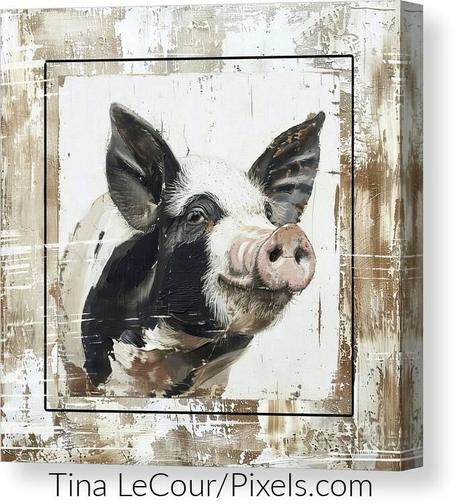This is a portrait on a rustic background of a happy black and white pig named Hamlet