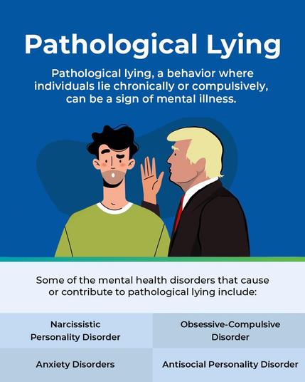 A friendly looking mental health poster.  Illustration has a simple friendly looking drawing of Trump whispering to a shocked young man. 

Text reads: 

Pathological Lying
Pathological lying, a behavior where individuals lie chronically or compulsively, can be a sign of mental illness.
Some of the mental health disorders that cause or contribute to pathological lying include:
Narcissistic
Personality Disorder
Anxiety Disorders
Obsessive-Compulsive
Disorder
Antisocial Personality Disorder