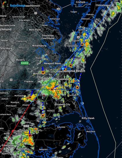1245Q occluded front thunderstorms and downpours. 3-5 inches rain expected in Norfolk and Virginia Beach. 