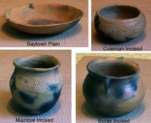 Baytown Plain shallow bowl; Coleman Incised subglobular bowl with 3-line flowing water design; Mazique Incised jar with alternating line-filled triangles around the upper body; & Buras Incised globular collared jar with 2 loop handles decorated with 2 parallel rows of punctations & 2 parallel incised lines which dip under the handles.