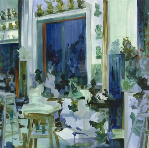 Painting in a loose, slightly drippy style in blue and green tones, showing a studio filled with sculpture busts on pedestals and along the walls