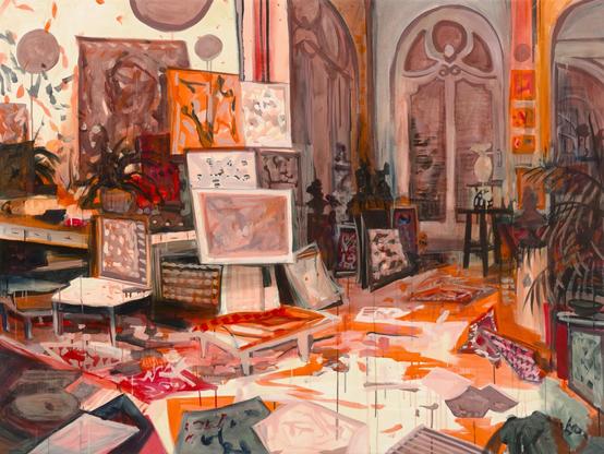 Painting in a loose, slightly drippy style in orange and cream tones, showing a messy studio filled with canvases and papers strewn over the floor and walls