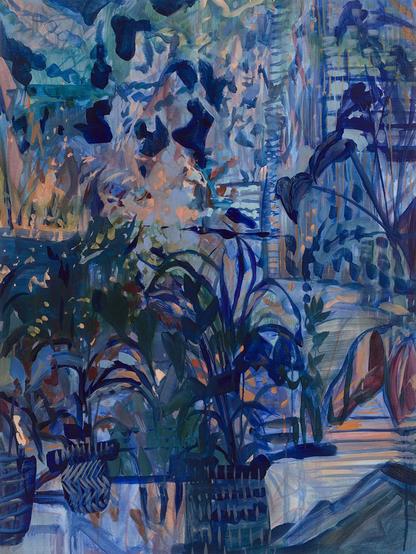 Painting in a loose, slightly abstract style in blue and green tones, showing a mass of potted plants filling up a room
