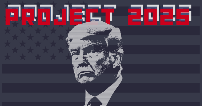 Image depicting project 2025 over black and grey american flag Trump face.