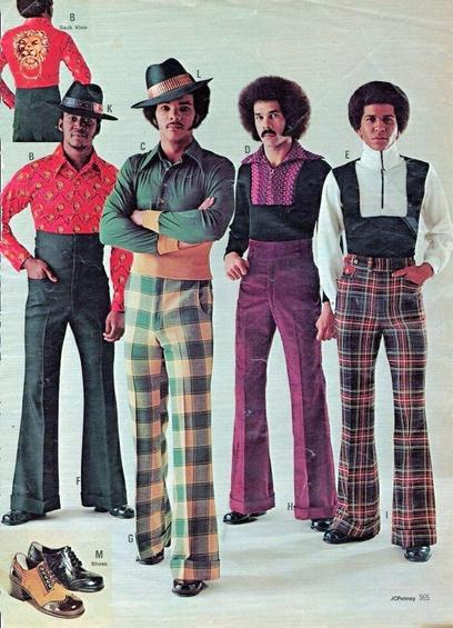 A retro fashion catalog featuring four men wearing 1970s-style outfits, including colorful shirts, plaid pants, bell-bottom trousers, and stylish hats. A pair of two-tone shoes is displayed in the bottom left corner.
