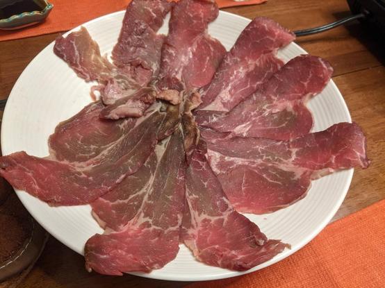 A plate with thin slices of beef