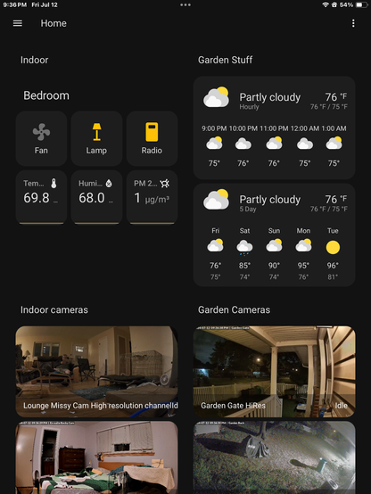 A scene based dashboard for Dismal Manor. It shows bedroom lights and fan, the dog monitors, and the weather but not from our gadget. 

Using scenes, display is responsive laying out in a single column on a phone. Bedroom buttons are in a grid layout container. 