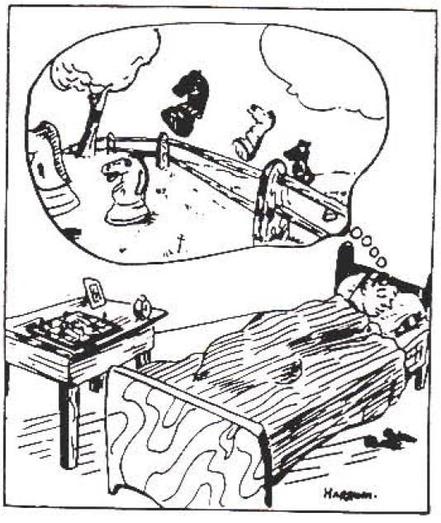 Cartoon featuring a man in bed dreaming of a line of chess knights leaping over a fence.
