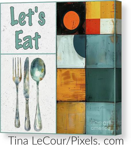 This is a kitchen collage with modern abstract sqaures, a fork, knife and spoon and the text 