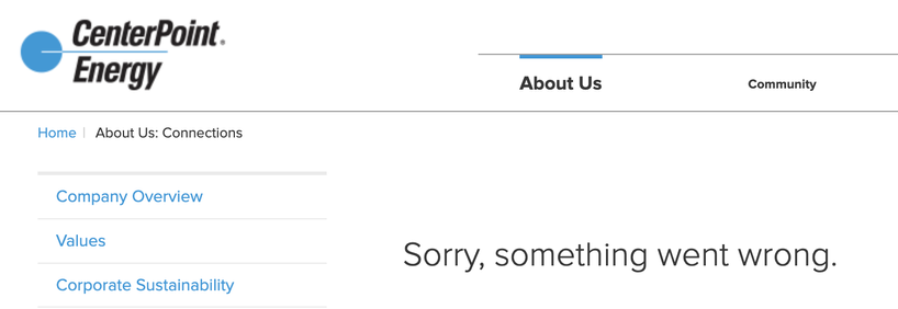 Centerpoint Energy website with the message “Sorry, something went wrong”