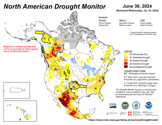North American Drought Monitor Map for June 30, 2024 shows a complex mix of everything from no drought to severe drought on the continent, with many areas of Mexico still heavily impacted. Check out the official website listed in the post for more information