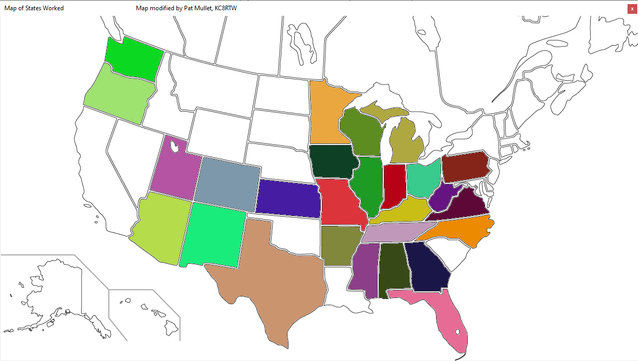 A map of the United States.
27 of the states have been colored in to indicate contacts from those states.