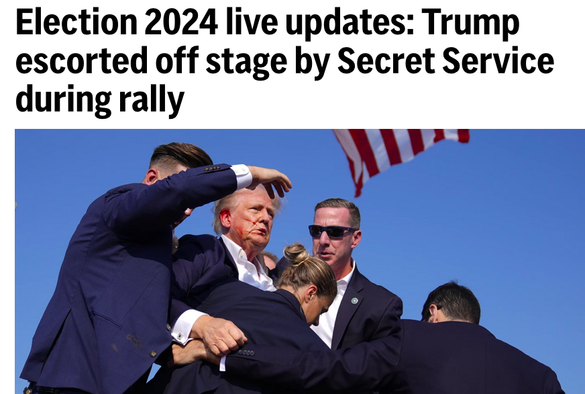Election 2024 live updates: Trump escorted off stage by Secret Service during rally 

DJT is seen surrounded by agents, and he has a bit of blood on his face