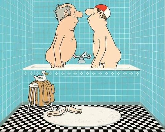 Die Karikatur zeigt zwei Herren in einer Badewanne stehend