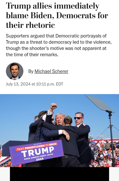 Trump is pictured fist pumping with a bloodied ear

Behind him is a clear blue sky

The article points the blame at the Democrats 