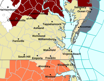 Today’s #NWSWakefieldVA weather hazards are all about heat in the office service area. Advisory in tan, watch in orange, and deep red, heat warning for Foggy Bottom. 