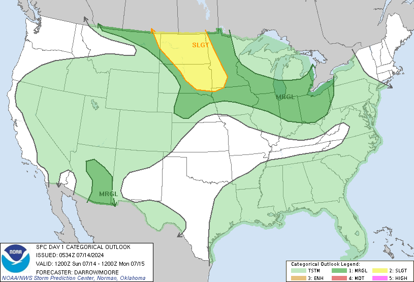 Widespread opportunities for thunderstorms including most of Virginia and North Carolina. Severe thunderstorms are possible in the northern Great Plains, Minnesota, Wisconsin, northern Illinois, nort Indiana, and most of Ohio. 