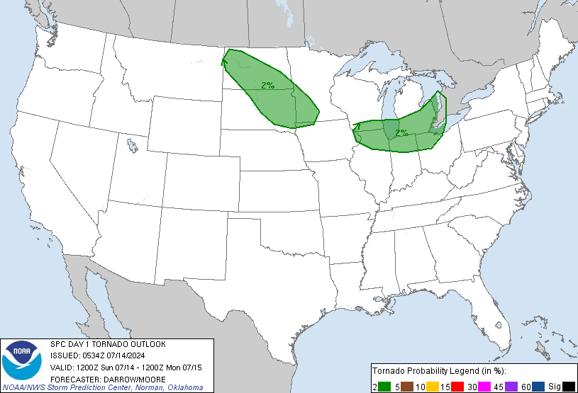 Conditions fav to tornadoes will be present in the Dakotas and southern Great Lakes region. 