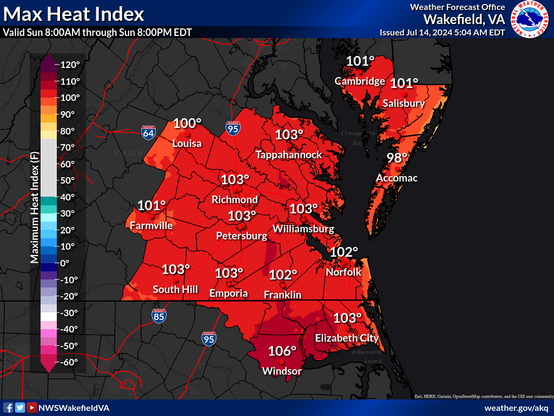 Heat indicies in forecast area exceed 102 with higher indicies inland. 