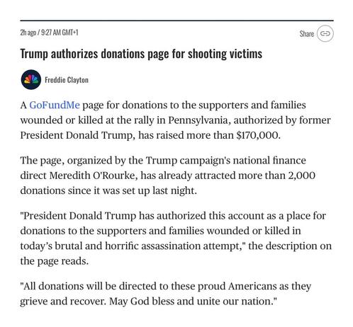 News article about a GoFundMe page authorized by former President Donald Trump, raising over $170,000 for victims of a shooting at a rally in Pennsylvania. Organized by the Trump campaign's finance director Meredith O'Rourke, it has received 2,000 donations from gullible MAGAts so far