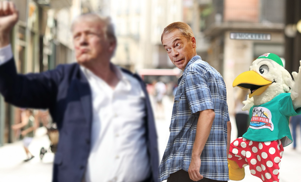 Distracted boyfriend meme, with Farage distracted by wounded Trump while Clacton Pier’s mascot Sidney the Seagull looks on in disgust