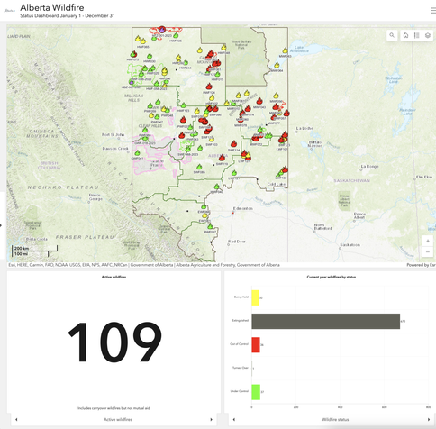 Map of AB showing fire location. Helps to show how fires are away from populated areas -- mostly. Wait a second. Most of that has no stats at all as fought by municipalities. 

Lower part shows some key stats given in my post above.