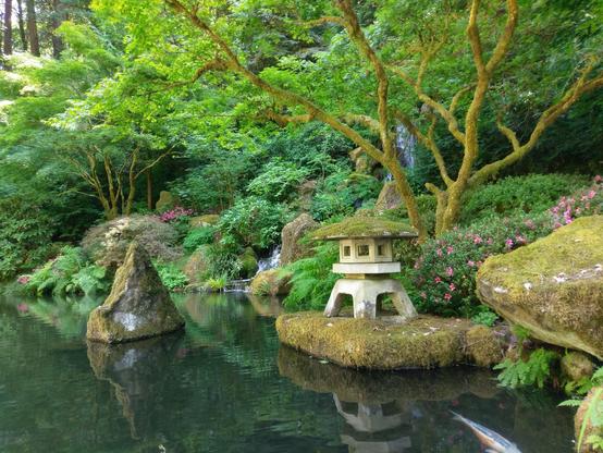 A serene Japanese garden featuring a stone lantern, lush greenery, rocks, a small waterfall, pink flowers, and a koi pond.