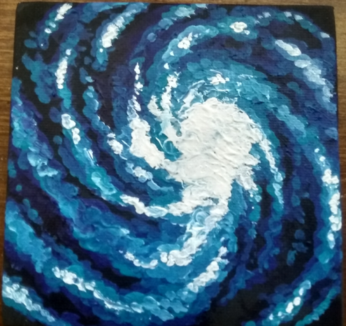 An acrylic painting of a spiral galaxy in blue and purple.