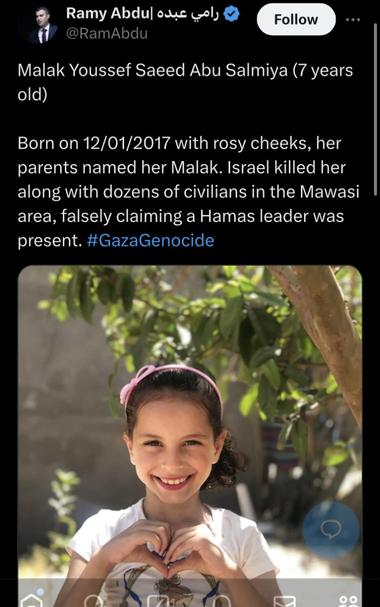 RamAbdu Malak Youssef Saeed Abu Salmiya (7 years old) Born on 12/01/2017 with rosy cheeks, her parents named her Malak. Israel killed her along with dozens of civilians in the Mawasi area, falsely claiming a Hamas leader was present. #GazaGenocide 