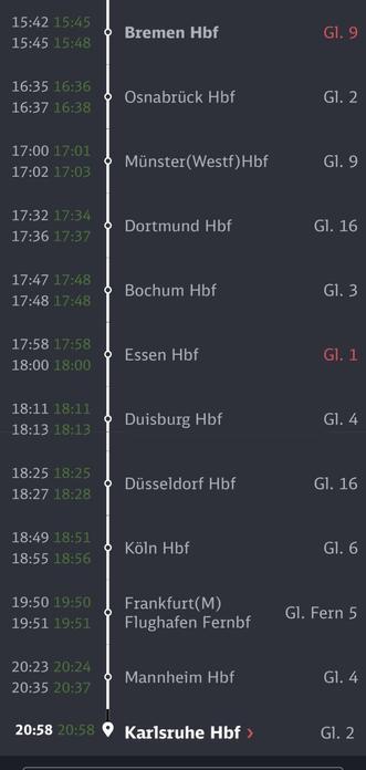 Ein Screenshot aus dem DB Navigator mit lauter grünen Uhrzeiten bei allen Halten