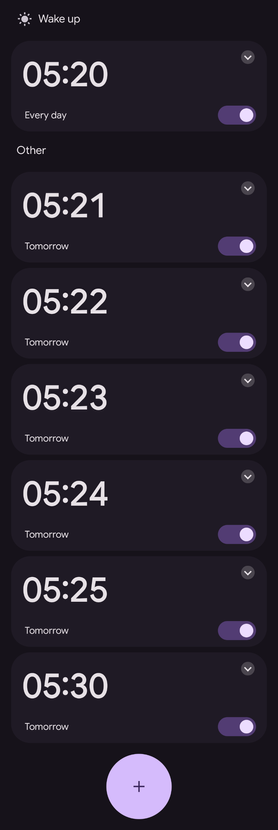 Screenshot of 7 alarms, in order:
- 5:20
- 5:21
- 5:22
- 5:23
- 5:24
- 5:25
- 5:30