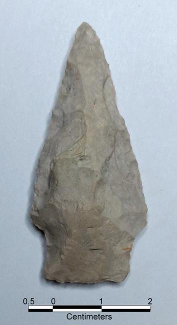 Pale gray point with long triangular blade with square stem. It is 5.3 cm long & 2.4 cm wide.