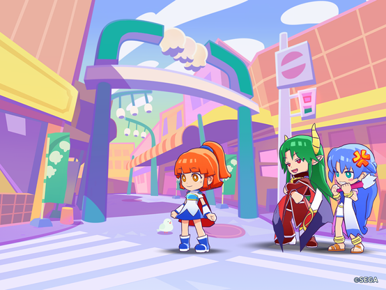 A picture of Arle facing away from Satan and Rulue. Satan looks happy, but Rulue, who is standing right by Satan, looks irritated.
