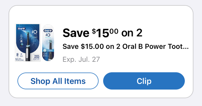 A Kroger coupon for Oral B Power Toothbrush, but the text is truncated so it says “Power Toot”