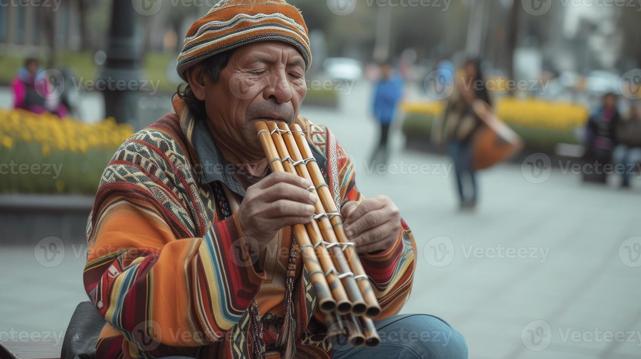 pan flute ai generated a south american street artist is playing the pan flute in a square in lima peru photo