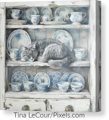 This is an adorable gray cat sleeping on the middle shelf of an old rustic hutch shelf filled with blue and white china dishes.