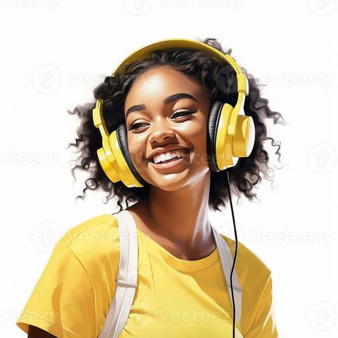 dark music photorealistic image of a dark skin girl listening to music on headphones young beautiful girl fun ai generated photo