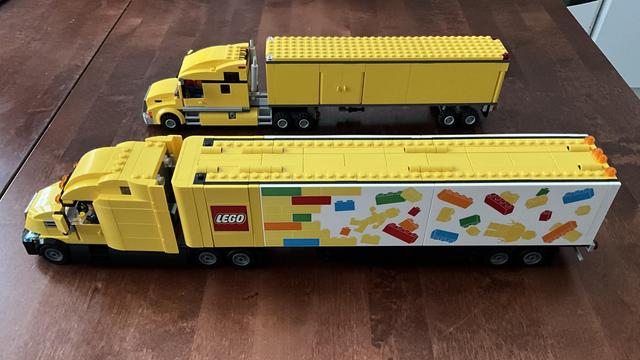 Photo of the completed truck, next to its predecessor (set #3221), which looks tiny in comparison.